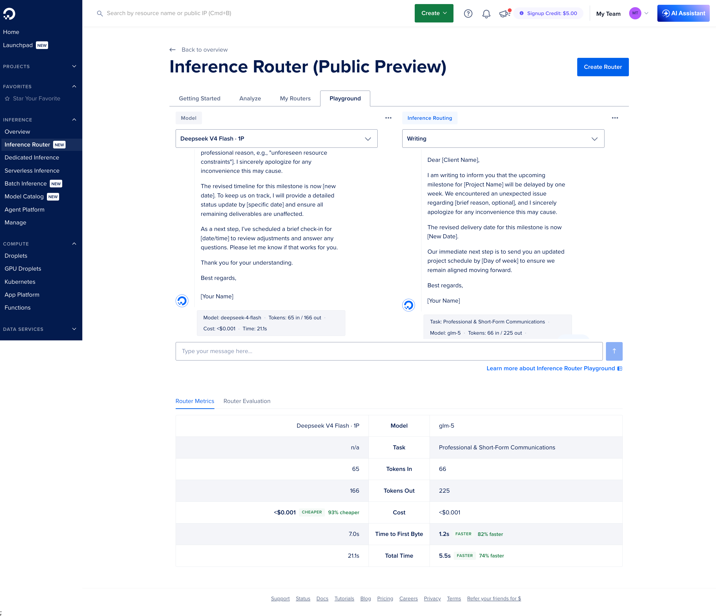 Inference Router Playground — dual-pane comparison after a run