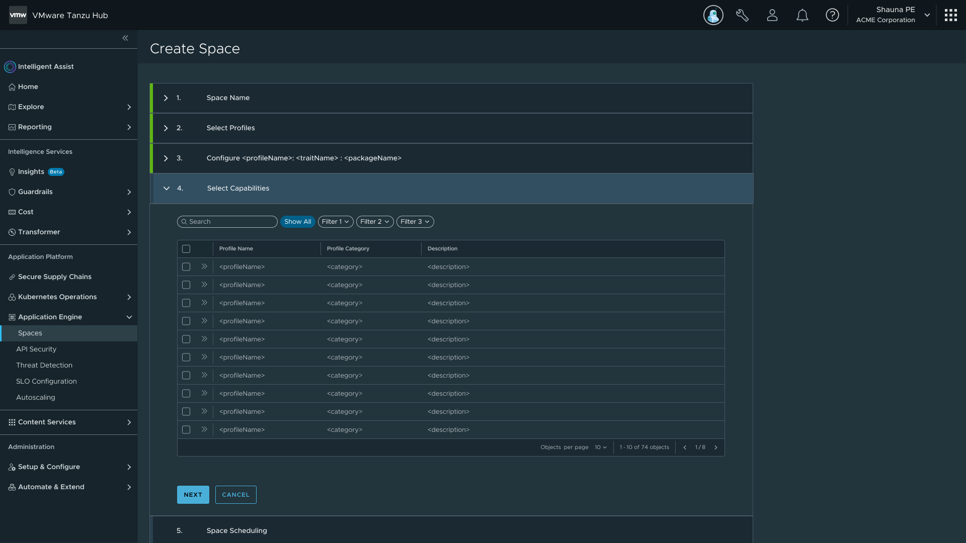 Create Space profile selection step