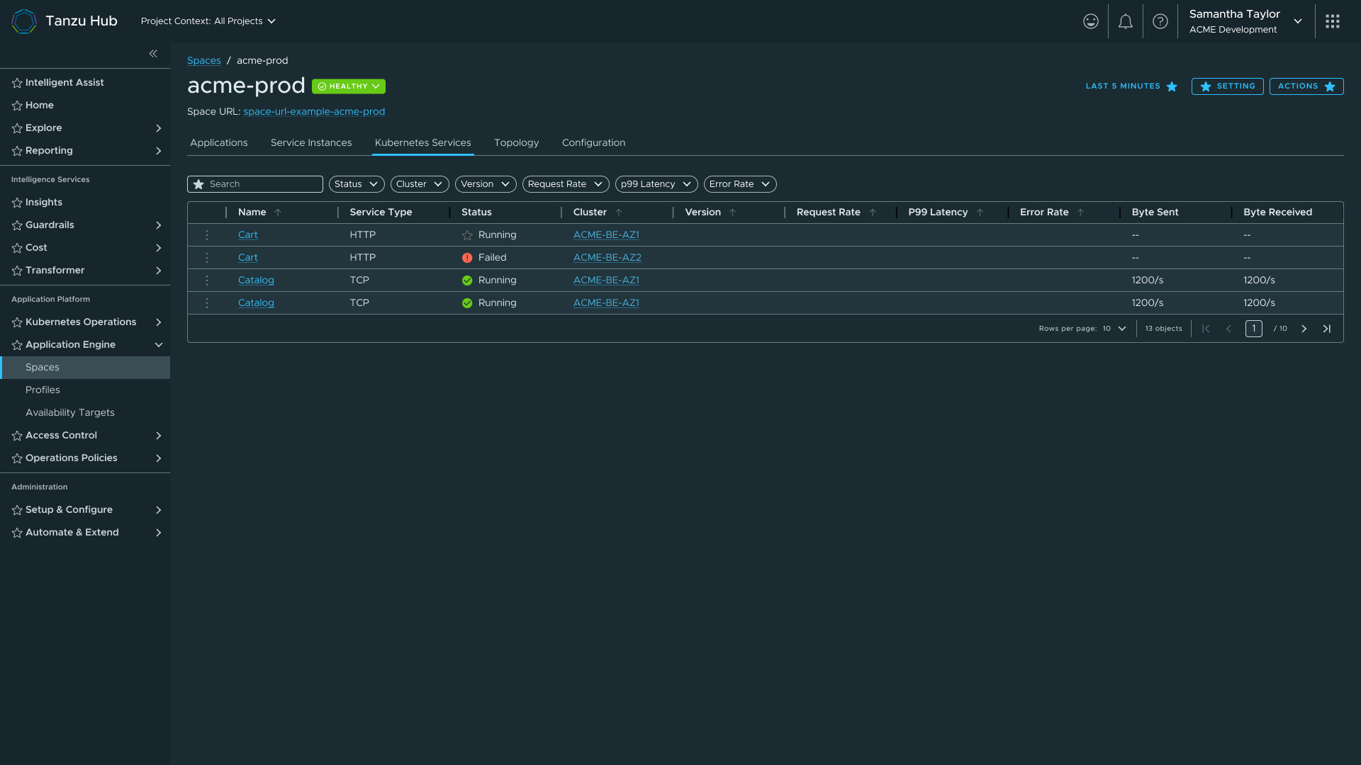 Kubernetes services tab in Space Detail